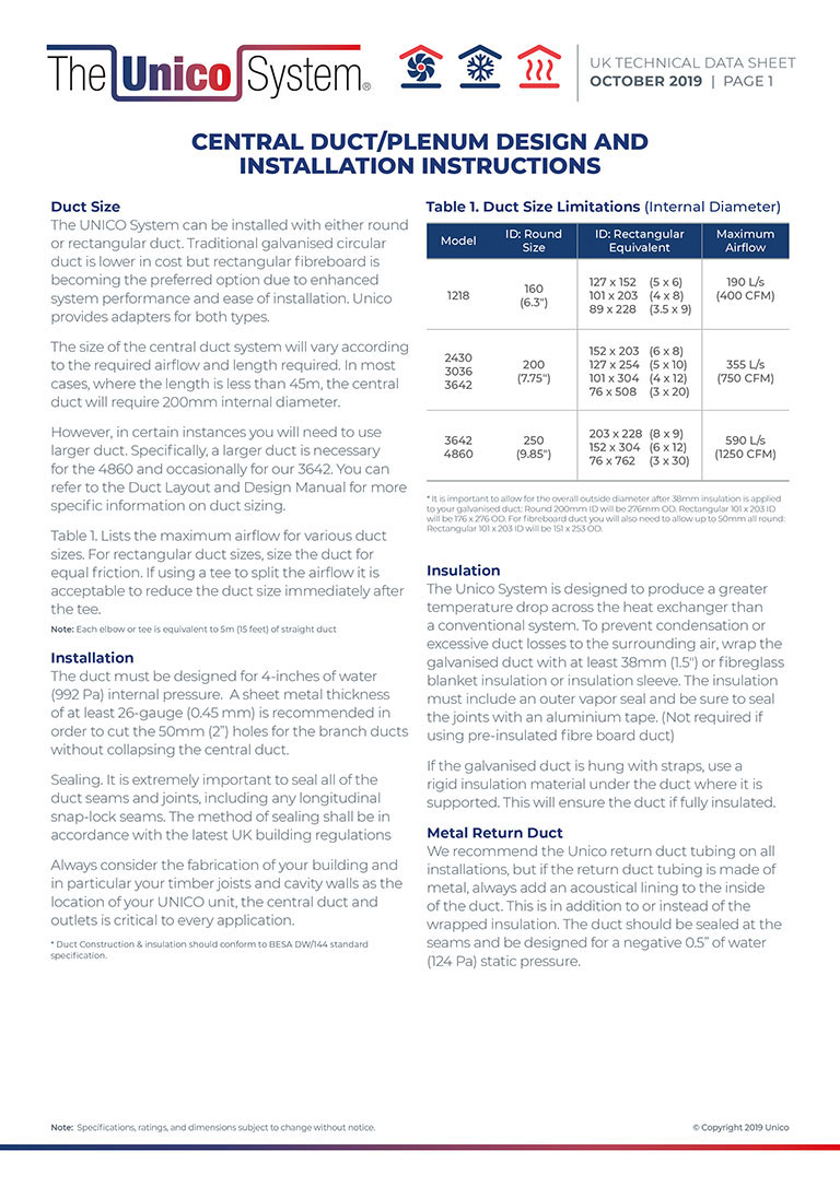 Unico System - Central Duct Bulletin - Oct 2019 - Image