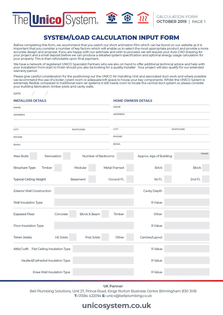 Unico System - Load Calculation Form - Oct 2019 - Image